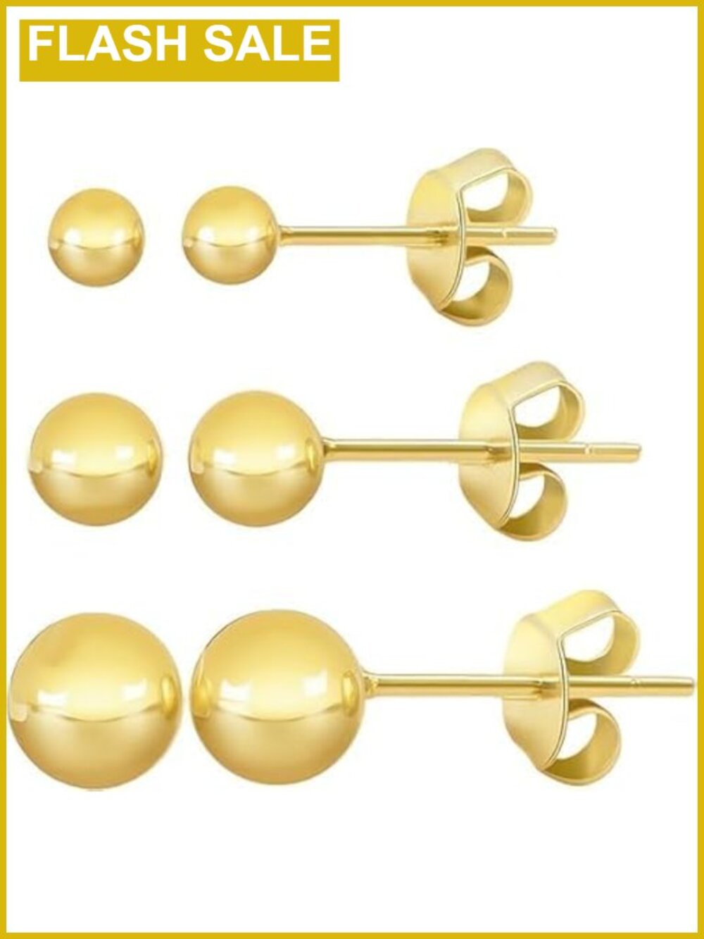 14K Gold Stud Earrings for Women - 3 Pair Ball Earring Set Lightweight